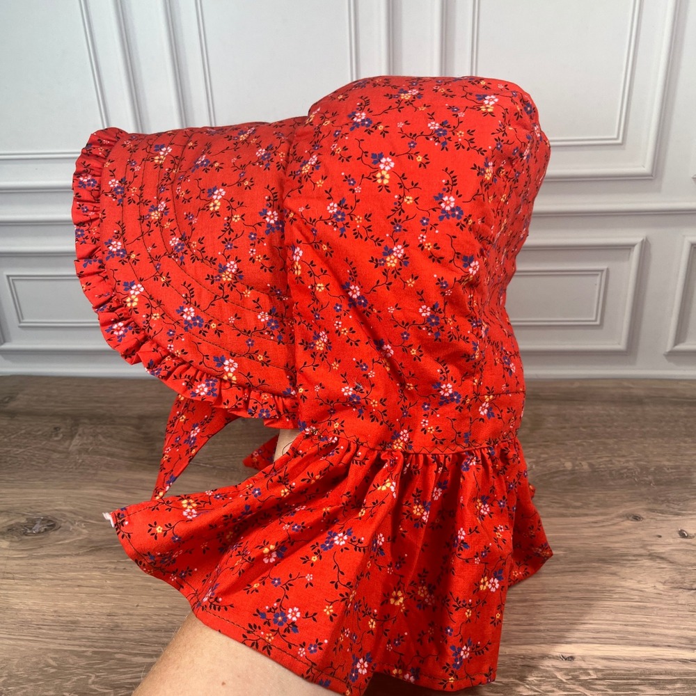 Handmade Sun Bonnet Women Red Floral Ruffle Pioneer Prairie Hat One Size